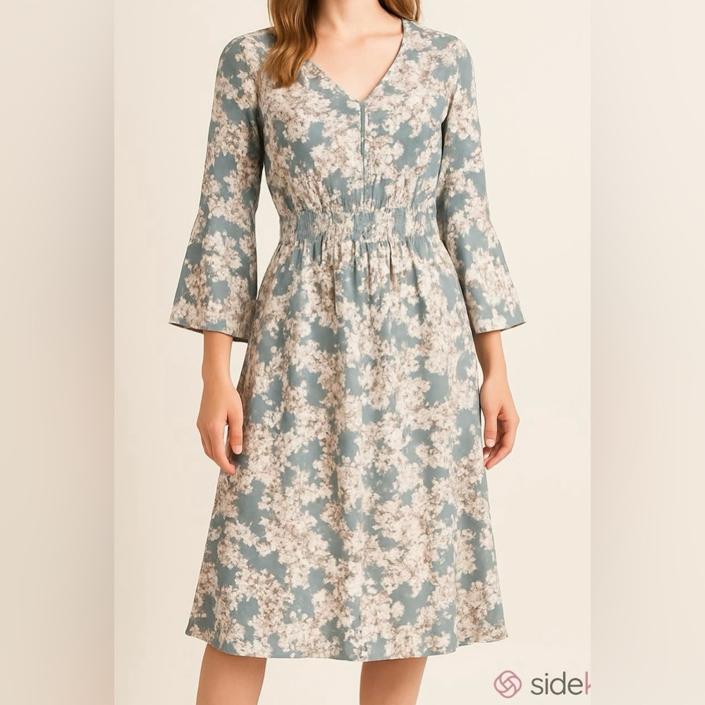 J Glee Floral Grey Teal Cream Bell Sleeves Smocked Coastal Dress Size Small